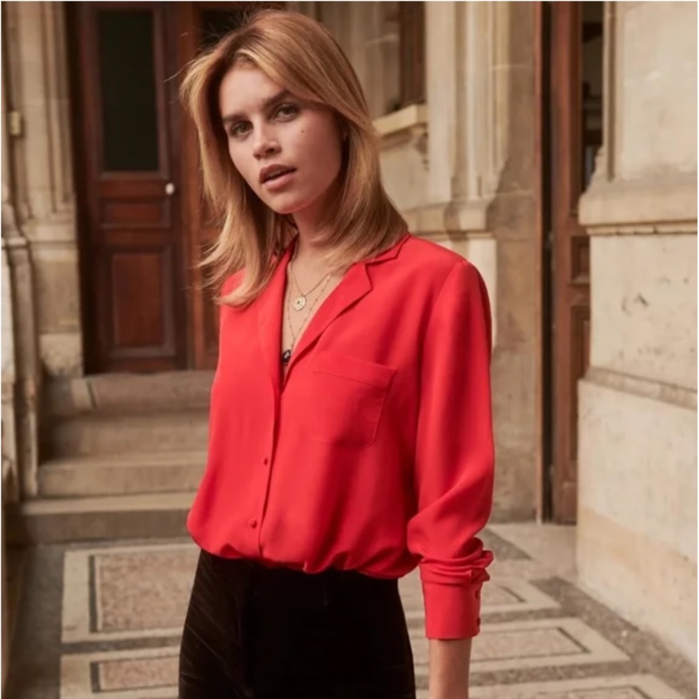 Sezane Florence Silk Blouse, Color Red Size 38 FR/6 US